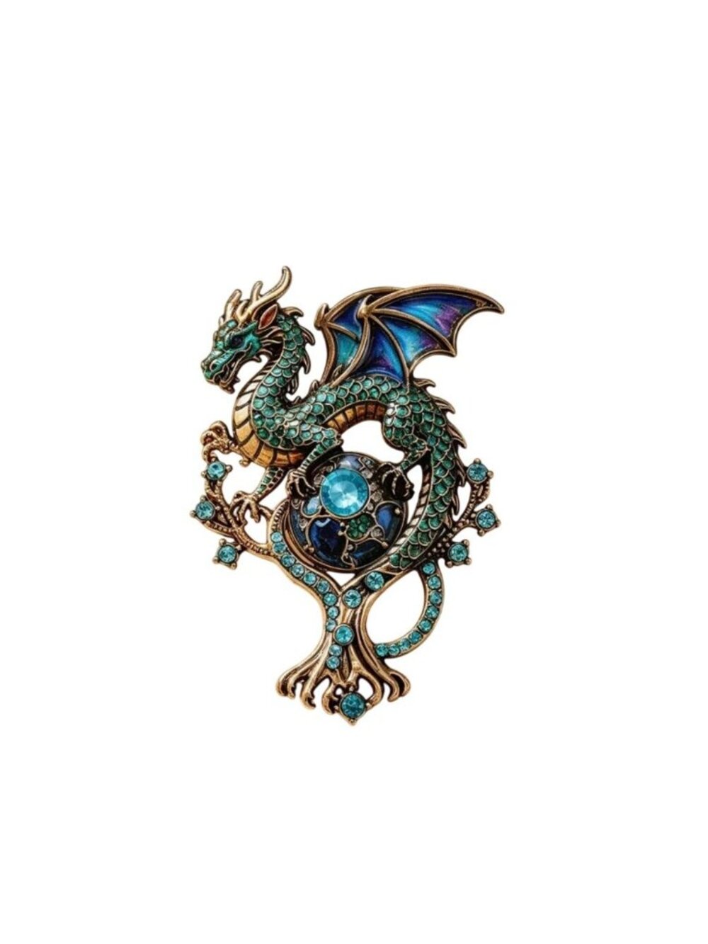 Green Blue Purple Enamel & Crystal Dragon Brooch Pin Gold Tone